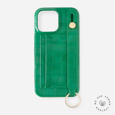 iPhone 15 Pro Phone Case with Hand Strap Card Holder in Green