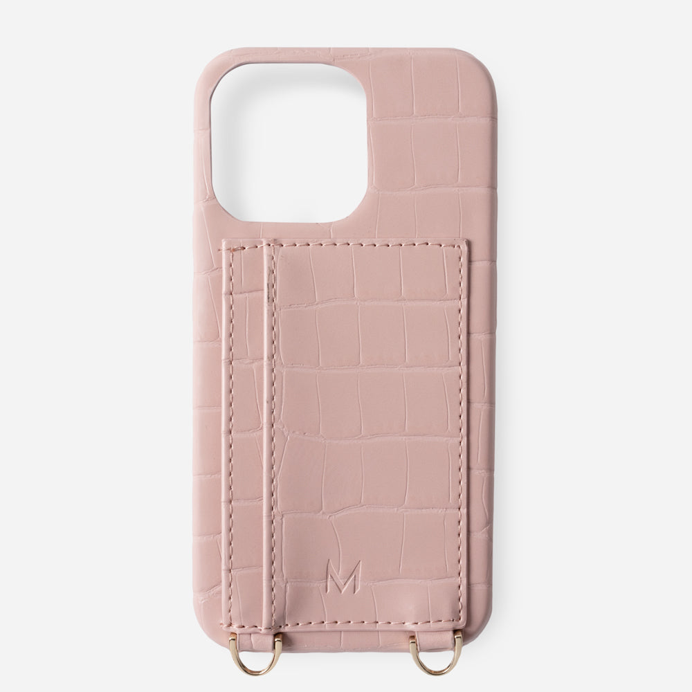 Phone Case with Strap Card Holder for iPhone 14 Plus in Pink color