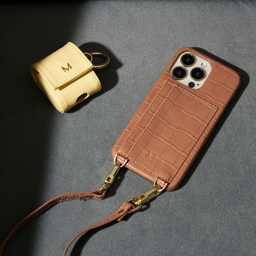 Phone Case with Strap Card Holder for iPhone 14 Plus in Brown color