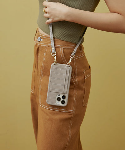 Croc Card Holder Phone Case With Strap Crossbody in Beige color