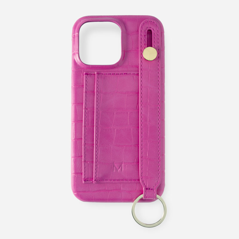 iPhone Case with Hand Strap Card Holder Phone 15 Pro Max in Magenta