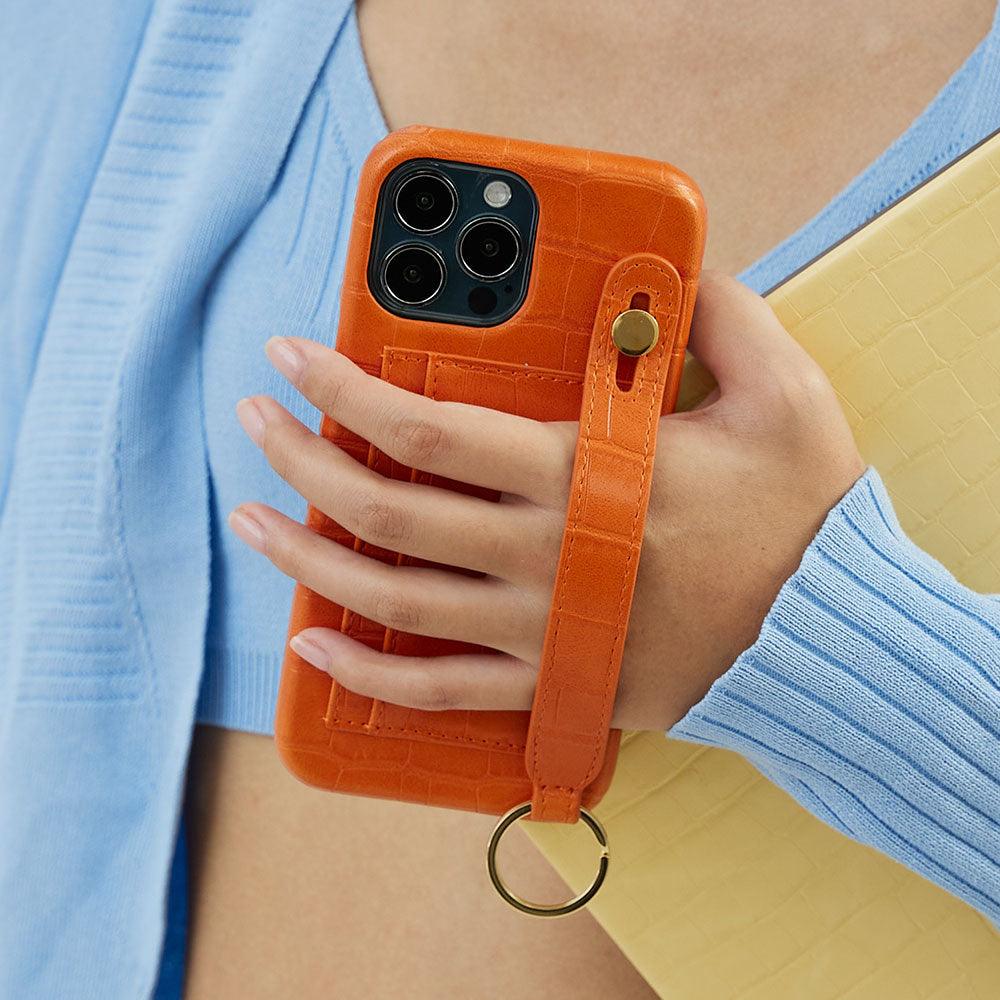 Personalized iPhone Case with Hand Strap Card Holder for iPhone 13 Pro in Orange color