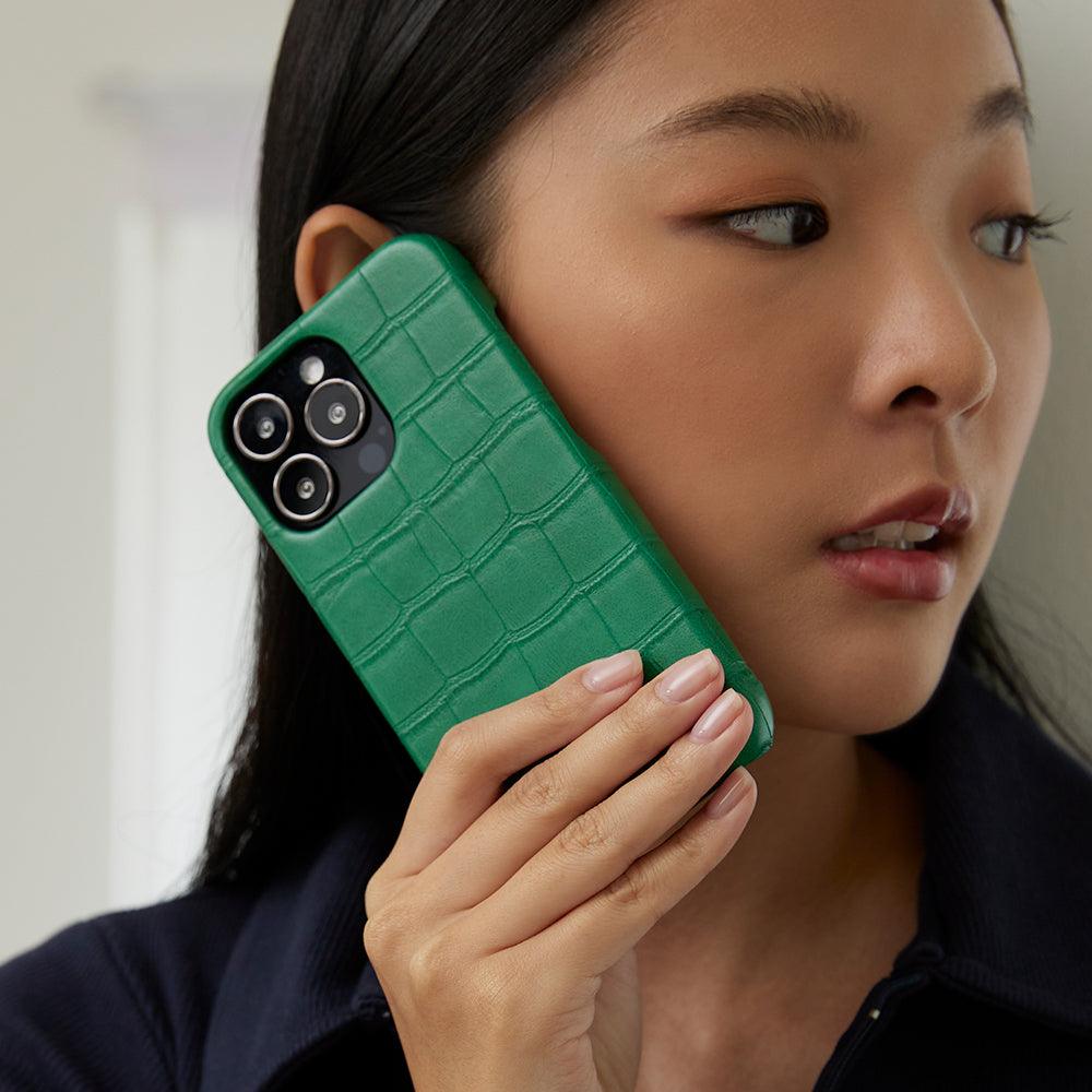 iPhone 14 Phone Cases made from croc vegan leather in green color