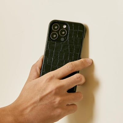 iPhone 14 Phone Cases made from croc vegan leather in black color