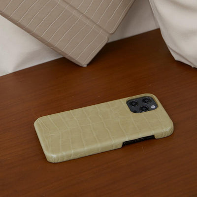 iPhone 14 Phone Cases made from croc vegan leather in khaki color