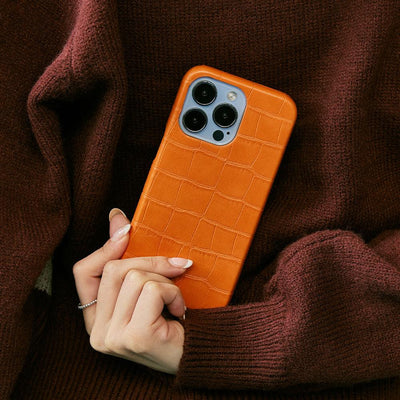 iPhone 14 Phone Cases made from croc vegan leather in orange color