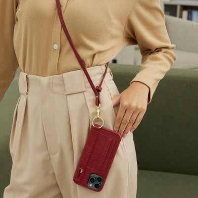 iPhone Case with Hand Strap Card Holder and crossbody string for iPhone 13 Pro in Maroon color