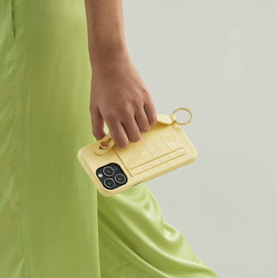 iPhone Case with Hand Strap Card Holder and crossbody string for iPhone 13 Pro in Yellow color