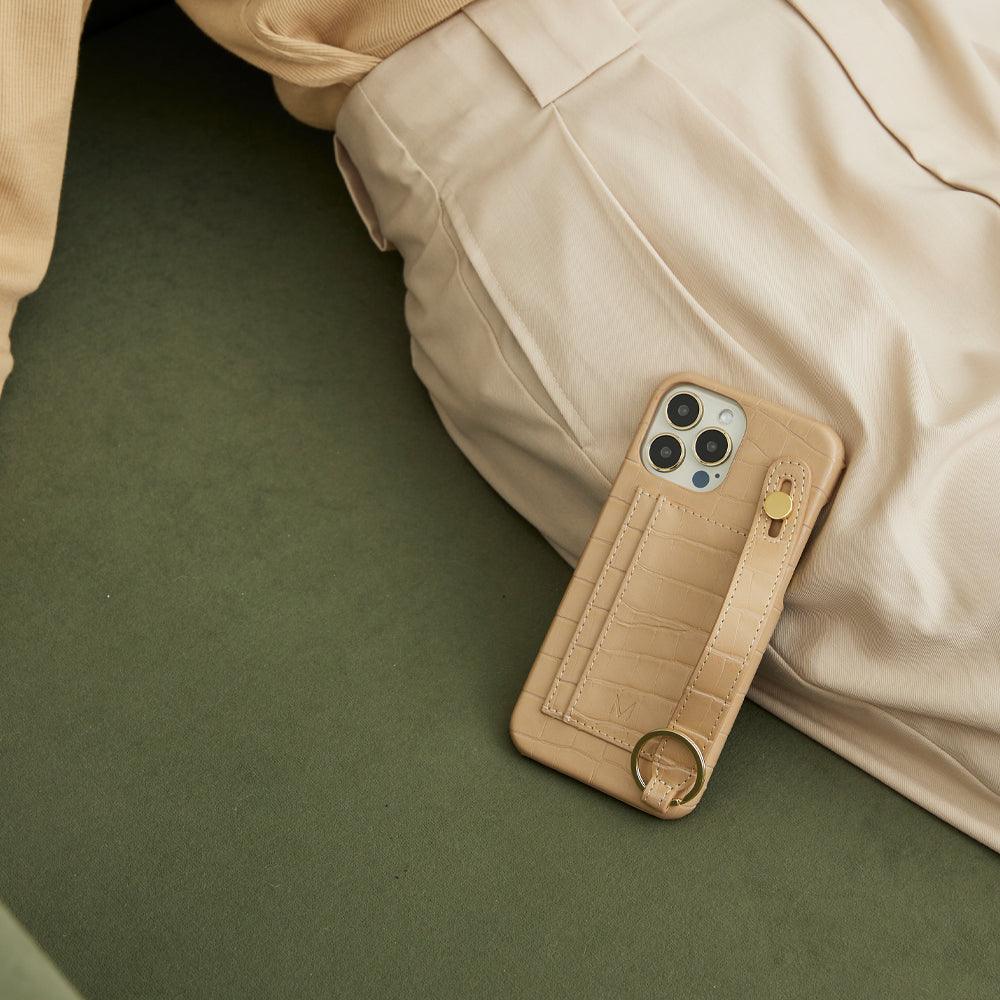 iPhone Case with Hand Strap Card Holder and round ring for iPhone 13 Pro in Beige color